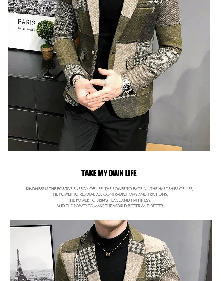 Mens Woolen Jacket 2023 Autumn Winter Fleece Warm Plaid Woolen Coat Streetwear Casual Slim Fit Jacket Coat Fashion Men Clothing