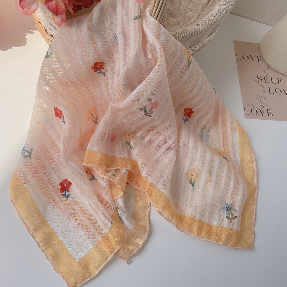 Upgraded Japanese cotton and linen square scarf 58x58 breathable all-match pastoral style floral photo matching scarf headscarf for women