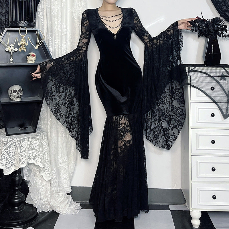 Halloween Costume Women Batwing Sleeve Floor Dress Black Gothic Evil Terror Maxi Mistress Morticia Addam Family Outfit For Adult
