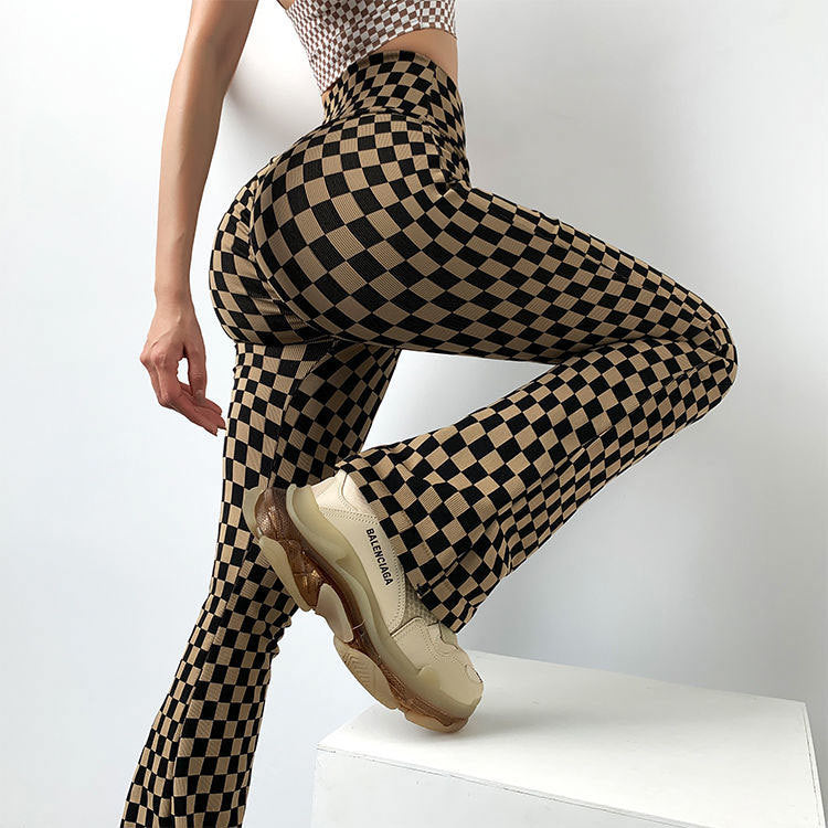 Checkerboard Flared Pants for Women, Autumn and Winter High-Waisted Wide-Leg Yoga Pants, Slimming Fitness Pants, Leg-Lengthening and Hip-Lifting