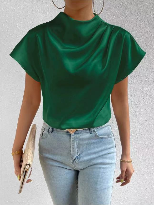 2026 Cross-Border Hot-Selling New Product Round Neck Short-Sleeve Left Shoulder Ruched T-Shirt Satin Women's Top Wholesale in Stock