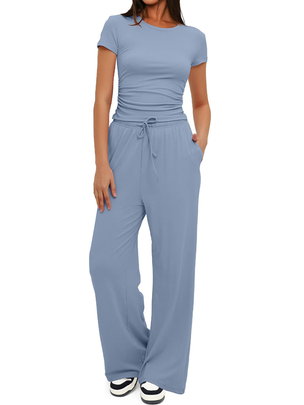 Women's Summer Solid Loose Casual Tracksuit Two Piece Set O Neck Short Sleeve T Shirt Wide Leg Pants Sportswear