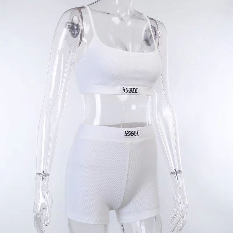 2024 spring and summer new English label rib European and American fashion small suspender shorts suit women's cross-border foreign trade Wholesale