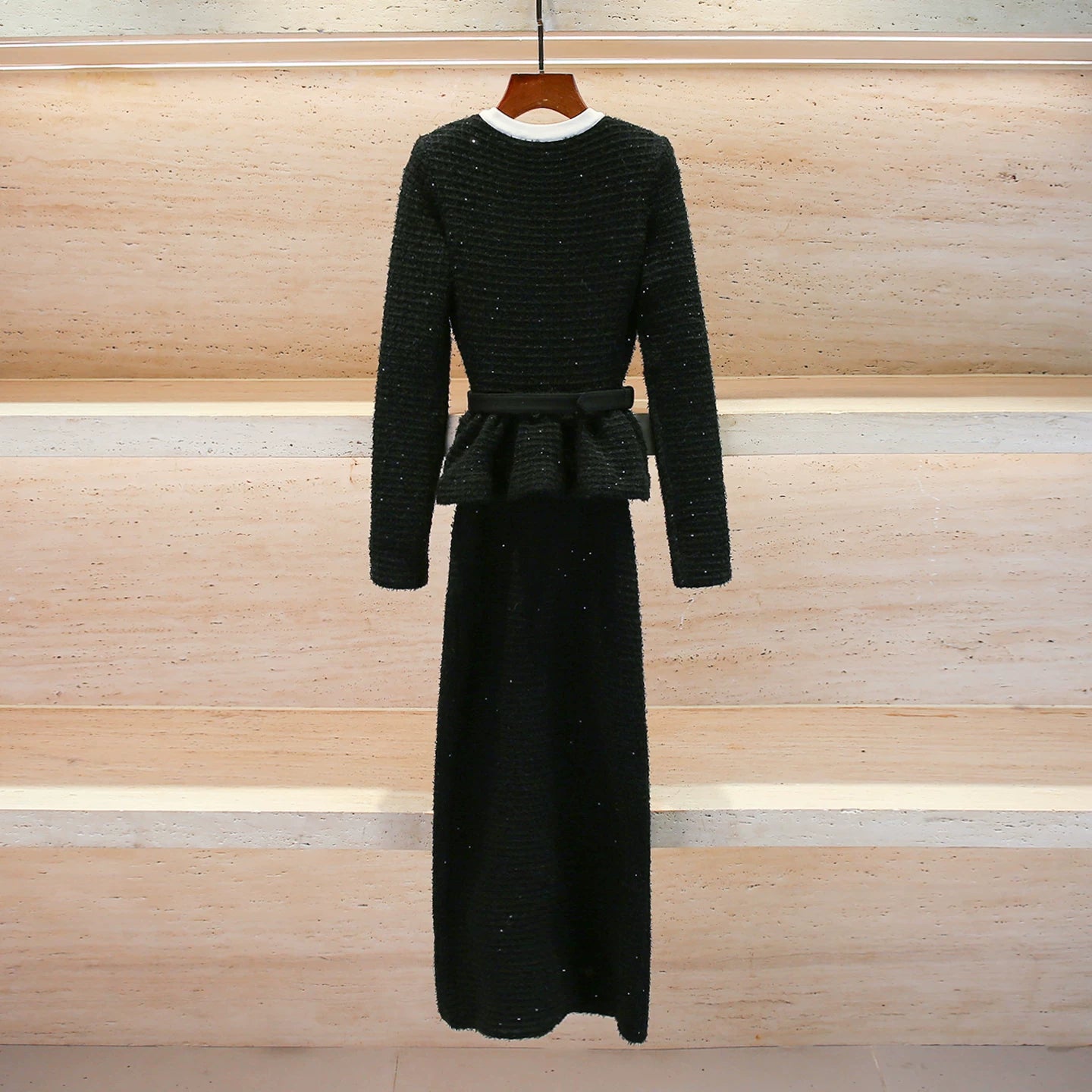 CHUJIE 2025 Autumn/winter New Fake Two-piece Design, Long-sleeved Round-neck, Floral Embroidery, Ruffle Decoration Knitted Dress