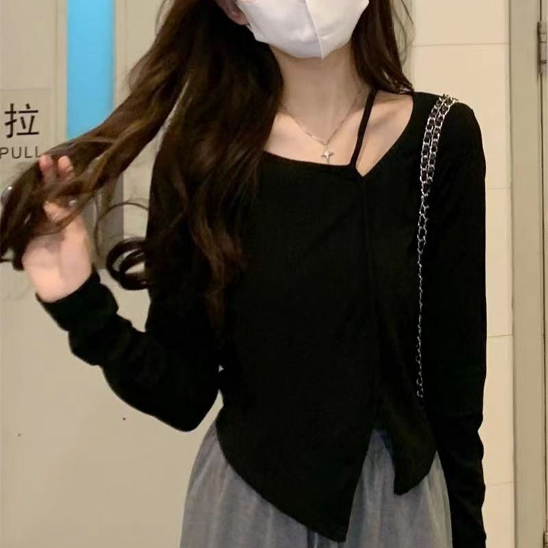 American Style Design Irregular Long-sleeved T-shirt Women's 2024 Spring and Autumn New Slim-fit Slimming Temperament Base Top
