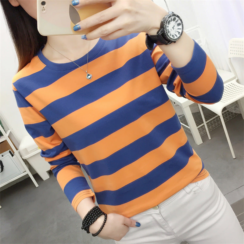 Autumn chubby girl Plus Size Large Size Loose Cotton Long-sleeved T-shirt Women's Middle-aged Mother Base Shirt Striped Top