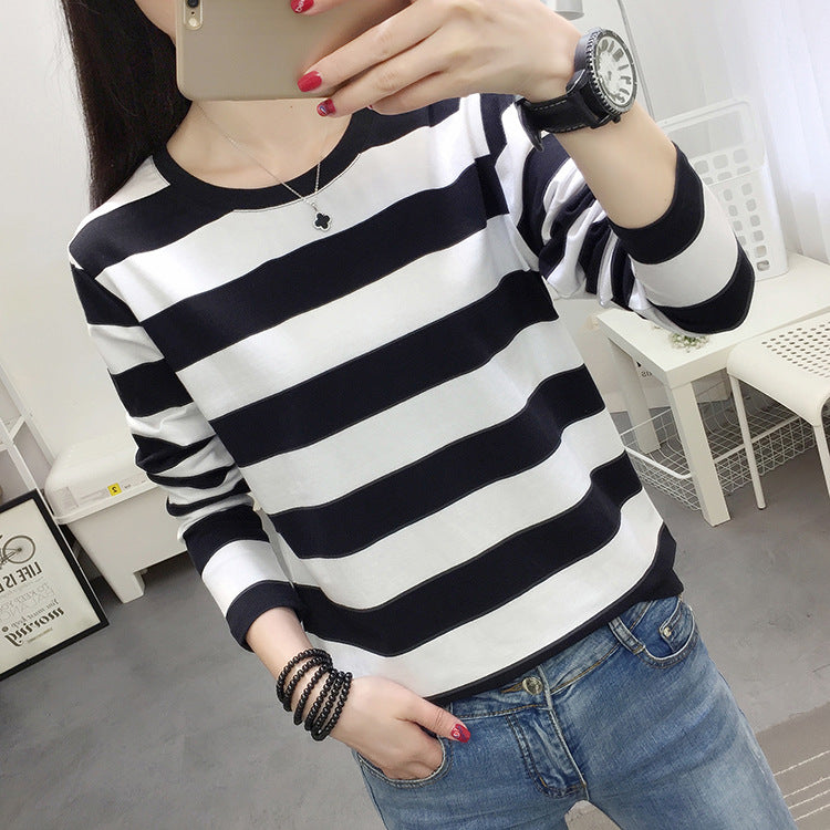 Autumn chubby girl Plus Size Large Size Loose Cotton Long-sleeved T-shirt Women's Middle-aged Mother Base Shirt Striped Top