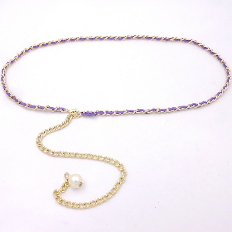 Korean style versatile metal thin waist chain women's skirt decorative pearl belt sweet lady decorative belt