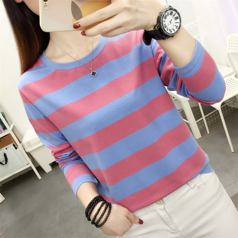 Autumn chubby girl Plus Size Large Size Loose Cotton Long-sleeved T-shirt Women's Middle-aged Mother Base Shirt Striped Top