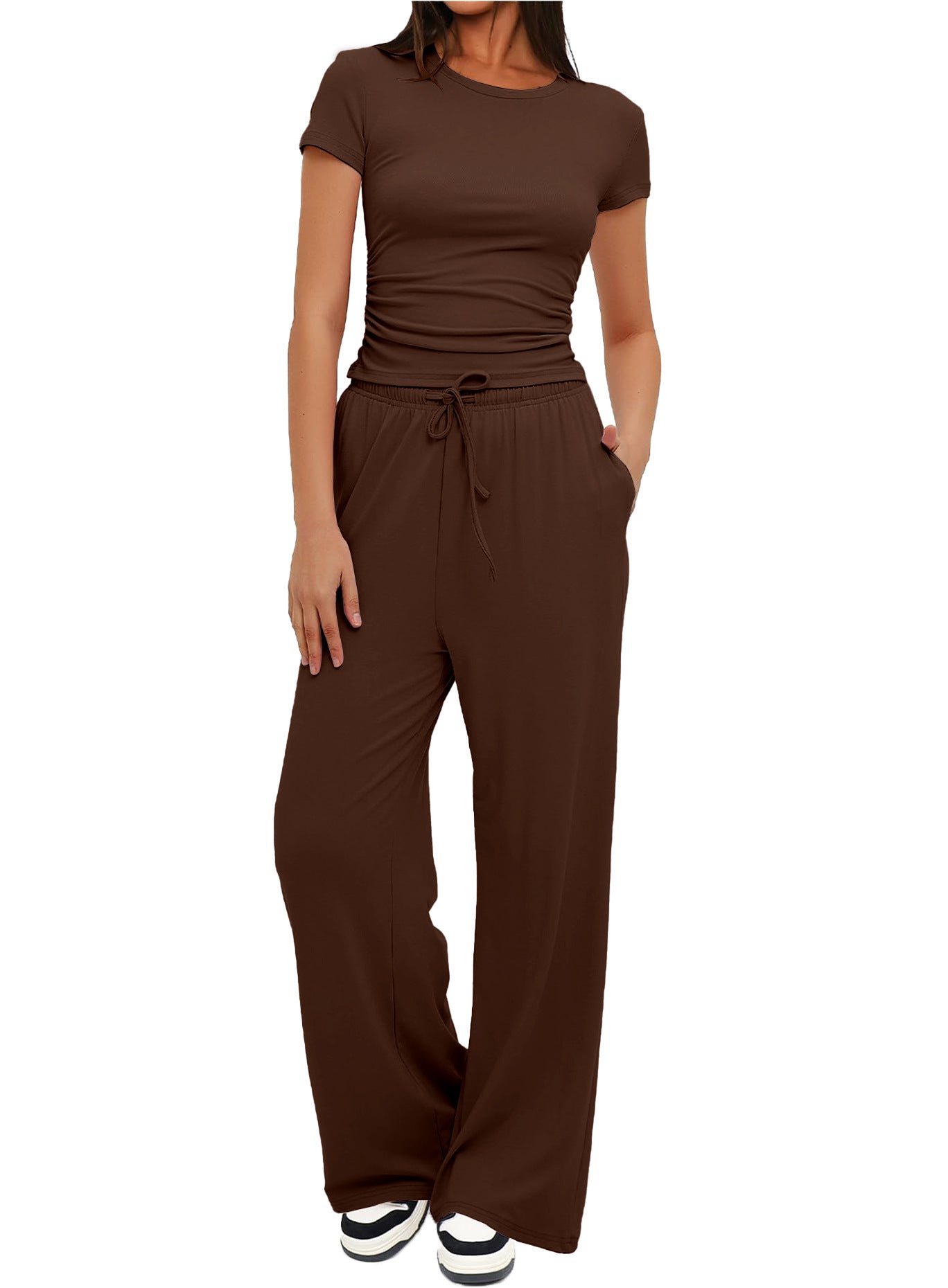 Women's Summer Solid Loose Casual Tracksuit Two Piece Set O Neck Short Sleeve T Shirt Wide Leg Pants Sportswear