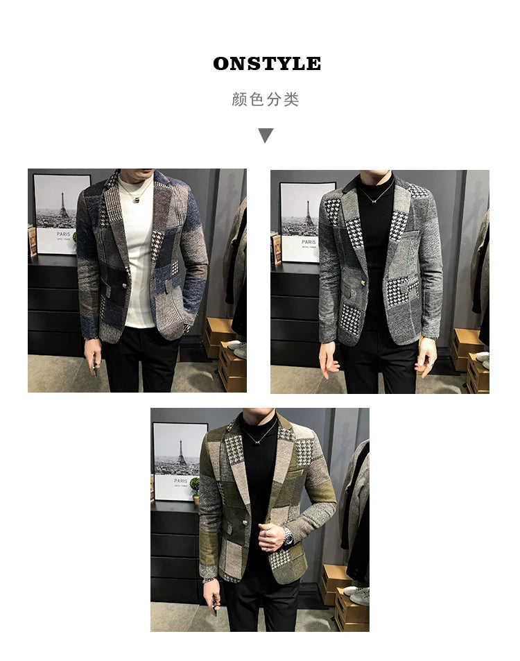 Mens Woolen Jacket 2023 Autumn Winter Fleece Warm Plaid Woolen Coat Streetwear Casual Slim Fit Jacket Coat Fashion Men Clothing