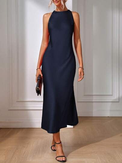 European and American Cross-Border Amazon Satin Dress Women's Spring and Summer Sleeveless Slit Satin Imitation Silk Long Skirt