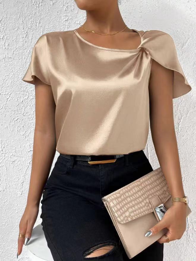2026 European and American Foreign Trade Cross-Border Supply Summer Satin Short-Sleeve Top with Satin Twist, Solid Color, Loose Fit, Versatile Women's Top