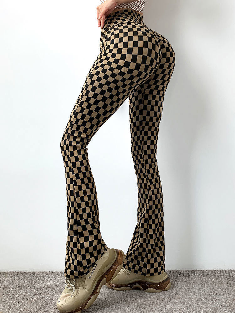 Checkerboard Flared Pants for Women, Autumn and Winter High-Waisted Wide-Leg Yoga Pants, Slimming Fitness Pants, Leg-Lengthening and Hip-Lifting
