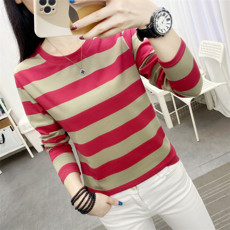 Autumn chubby girl Plus Size Large Size Loose Cotton Long-sleeved T-shirt Women's Middle-aged Mother Base Shirt Striped Top