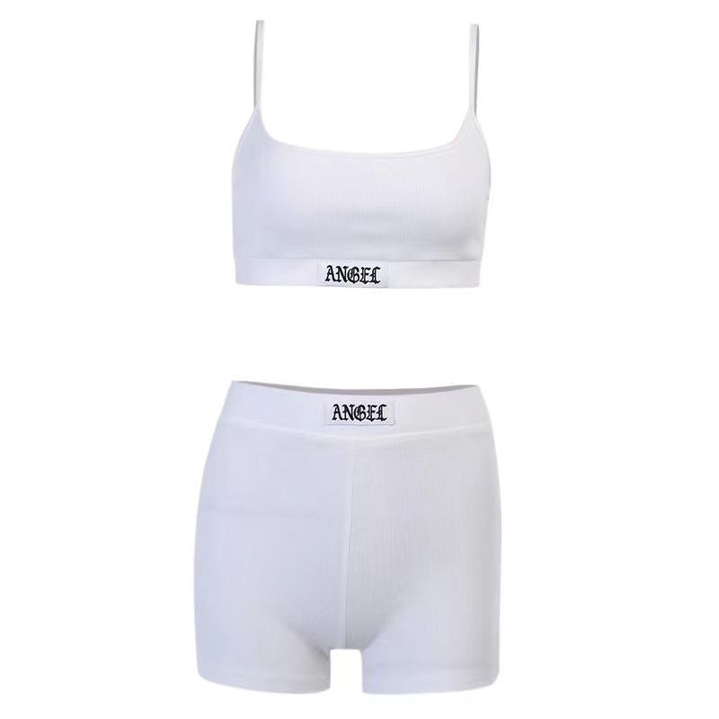 2024 spring and summer new English label rib European and American fashion small suspender shorts suit women's cross-border foreign trade Wholesale