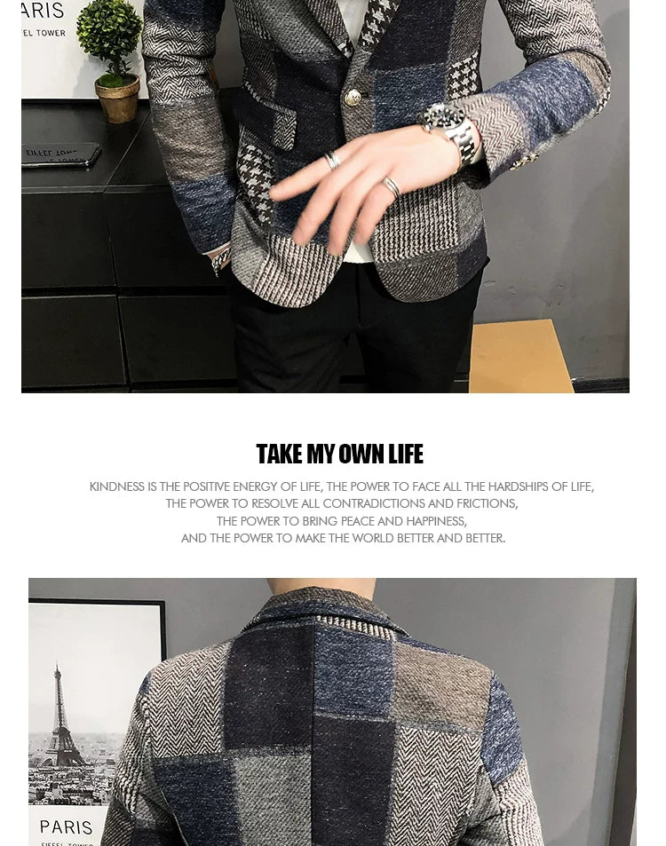 Mens Woolen Jacket 2023 Autumn Winter Fleece Warm Plaid Woolen Coat Streetwear Casual Slim Fit Jacket Coat Fashion Men Clothing