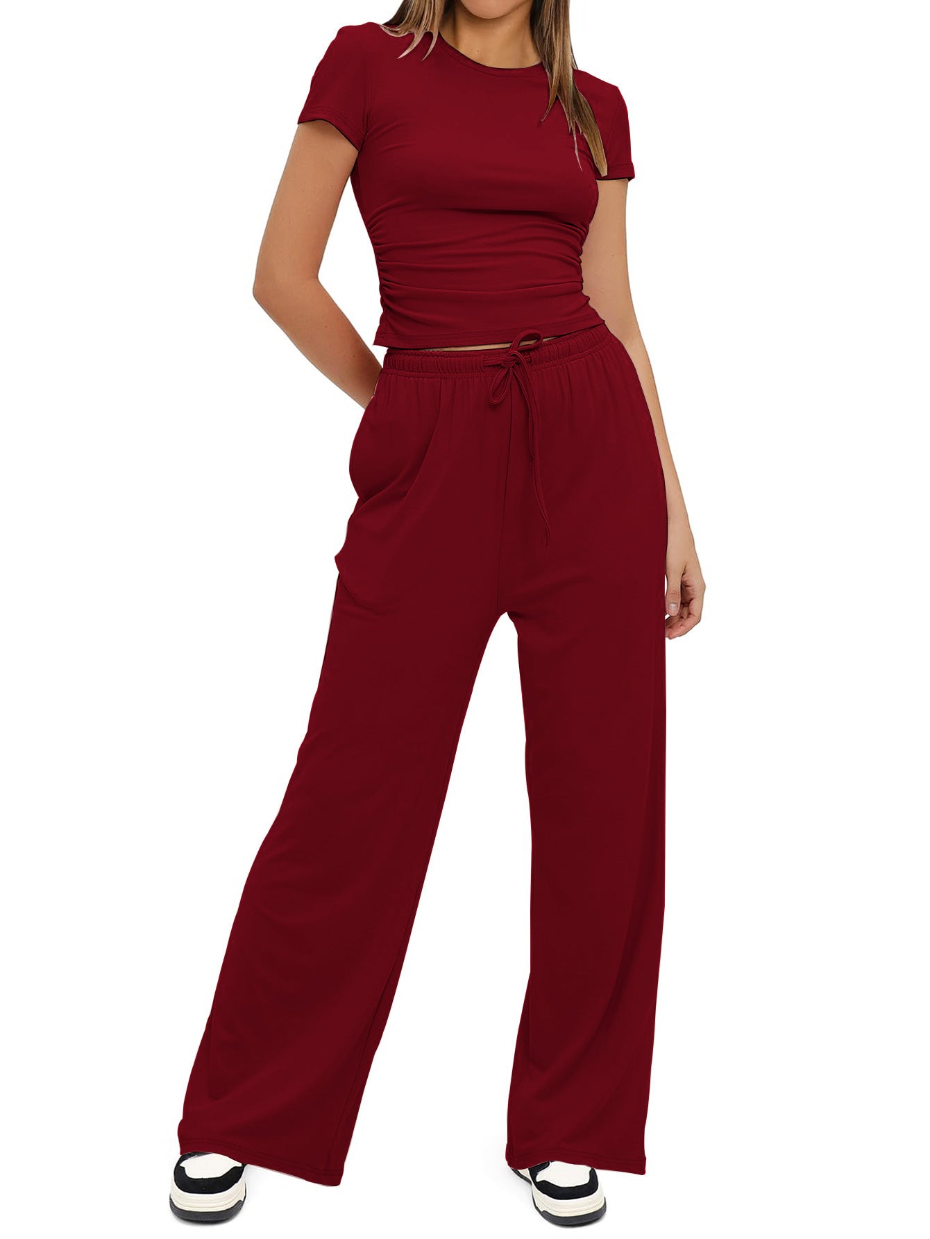 Women's Summer Solid Loose Casual Tracksuit Two Piece Set O Neck Short Sleeve T Shirt Wide Leg Pants Sportswear