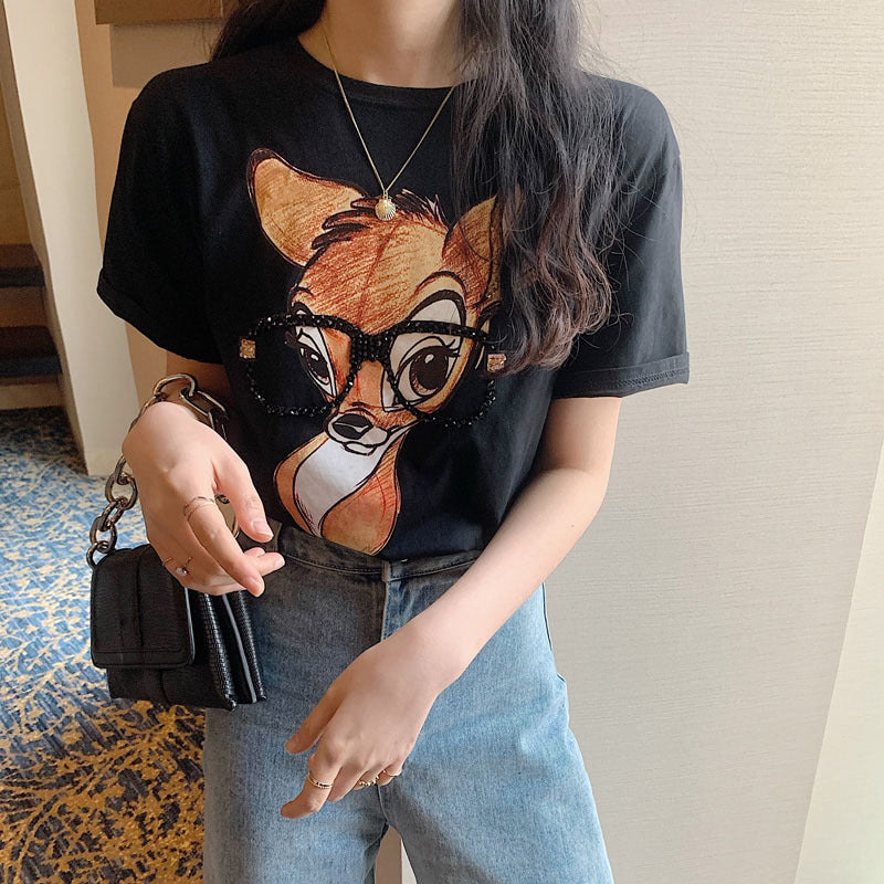 Smiley Face Print Loose Short-Sleeved T-Shirt for Women Spring and Summer New Casual Bottoming Shirt Women's Round Neck Top Dropshipping