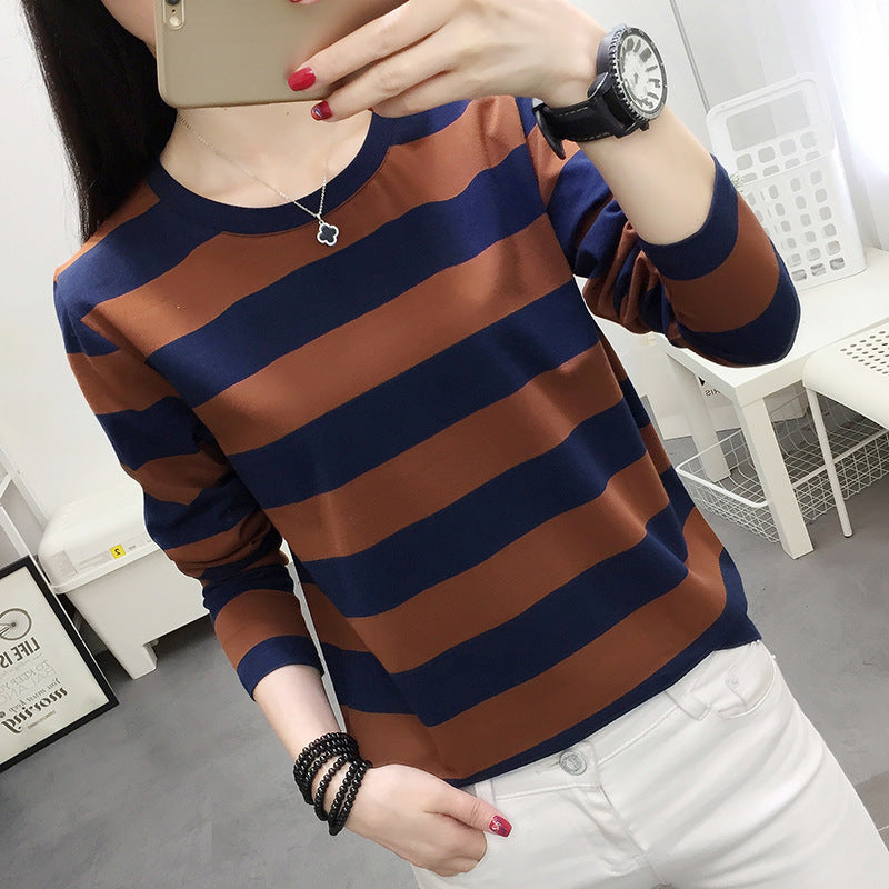 Autumn chubby girl Plus Size Large Size Loose Cotton Long-sleeved T-shirt Women's Middle-aged Mother Base Shirt Striped Top