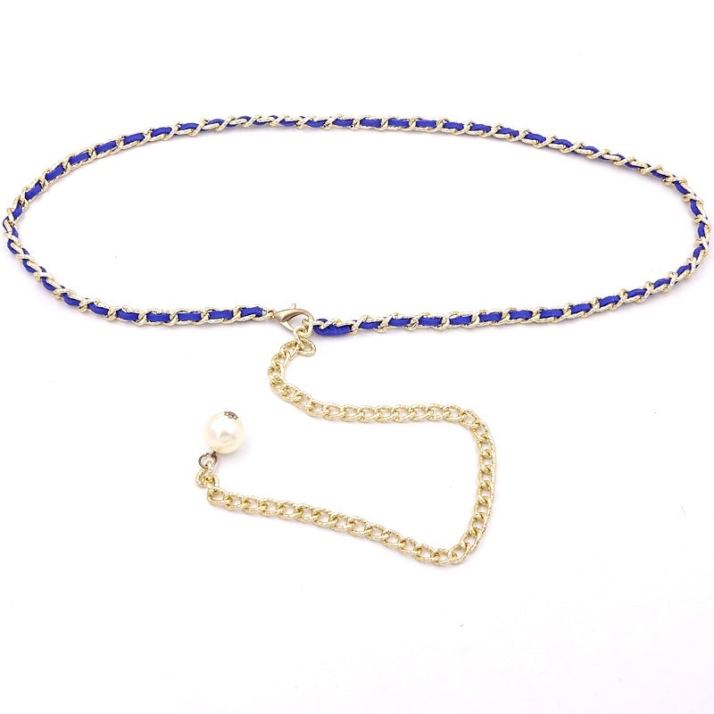 Korean style versatile metal thin waist chain women's skirt decorative pearl belt sweet lady decorative belt