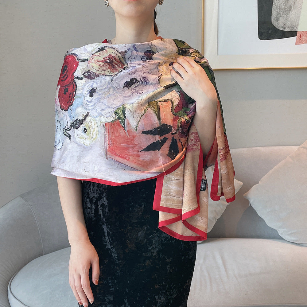 Van Gogh Monet oil painting double-sided double-layer silk scarf women's long 180x70 new silk satin popular fashion scarf shawl New