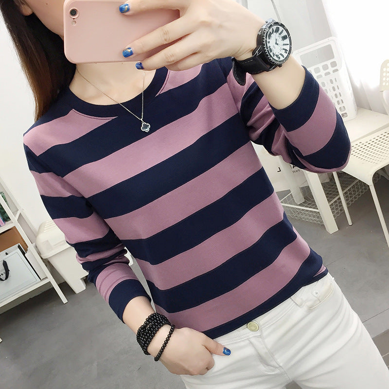 Autumn chubby girl Plus Size Large Size Loose Cotton Long-sleeved T-shirt Women's Middle-aged Mother Base Shirt Striped Top