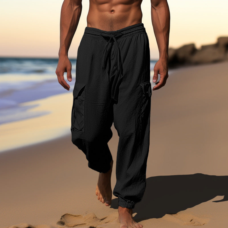 Sports Linen Casual Pants with Thin Drawstrings, Multiple Pockets, Loose Fit, Men's Cargo Pants, Straight-Leg, Relaxed Style