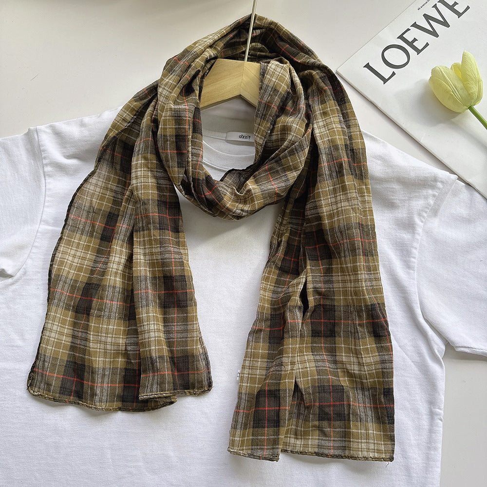 100% Pure Cotton Artistic Plaid Scarf Four Seasons Japanese Style All-match Neck Protector Long Thin Scarf Women's Summer Scarf