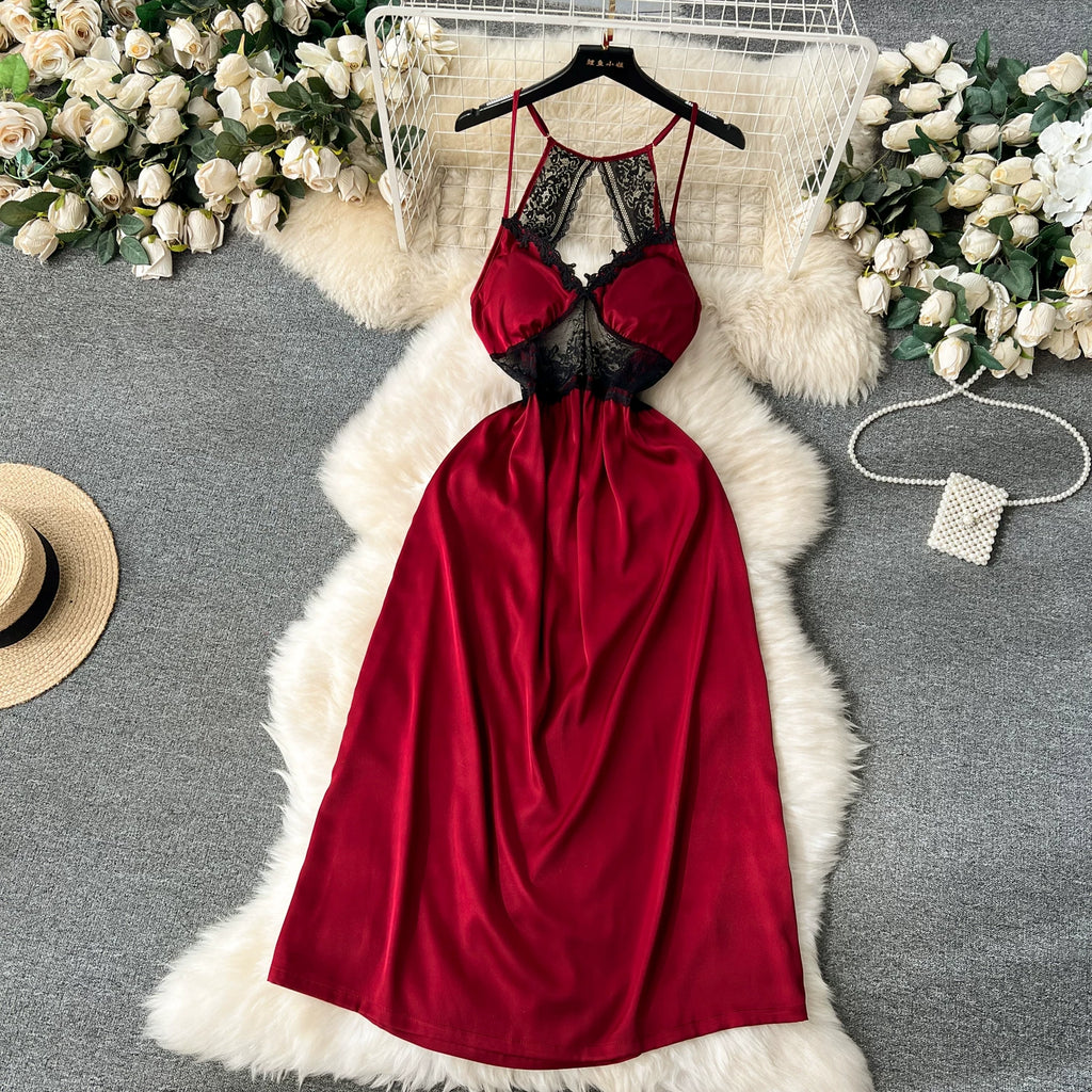 CHILLGIO Women Lace Satin Spaghetti Strap Dress Sexy Hollow Fashion Nightwear Nightgowns Ins Hot A Line Nightie Pajamas Sundress