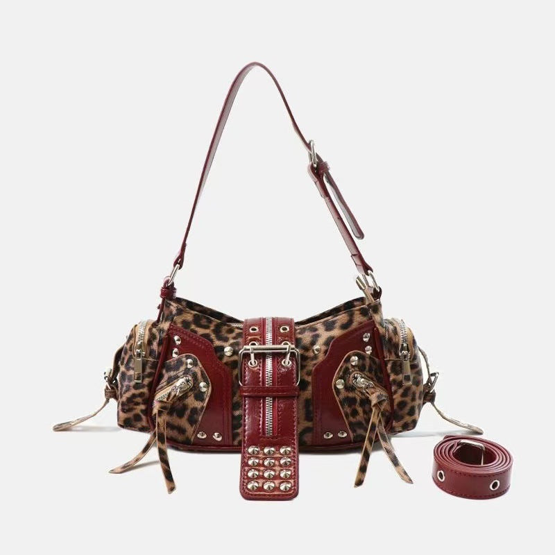 European and American Fashion Personality in Rivet Tassel Spicy Girl Motorcycle Retro Versatile Commuter Underarm Handbag Shoulder Crossbody Bag