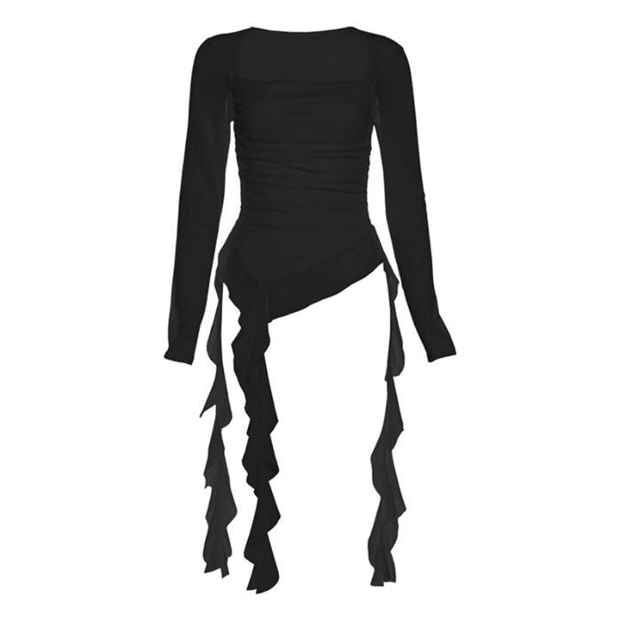 Irregular Ruffled Strap Shoulder T-shirt Women's Early Autumn Niche Design Sense Slim-fit Slimming Hot Girl Sexy Top