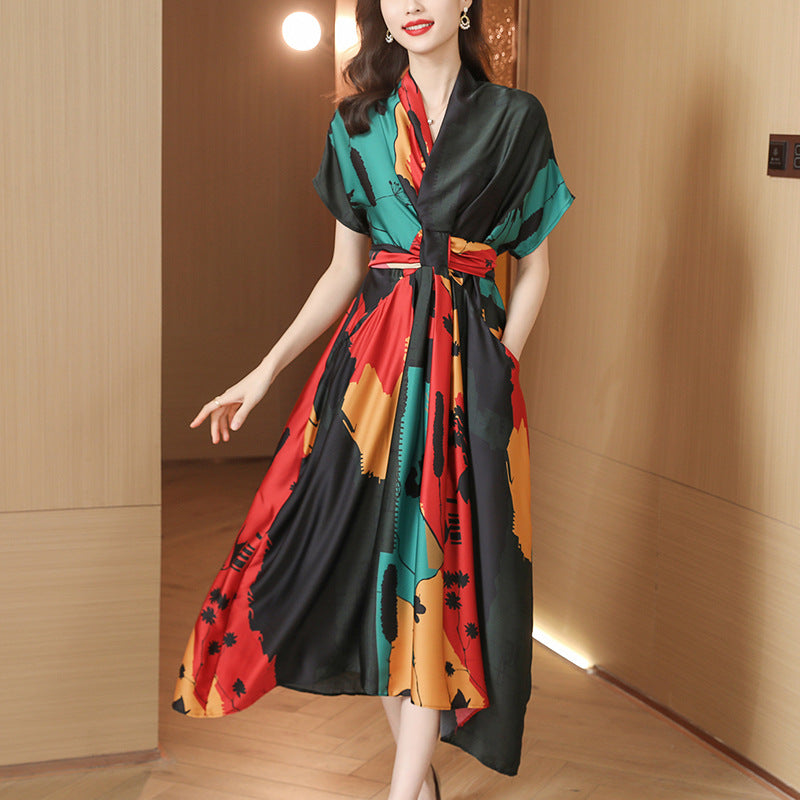 Simple Style Women's High-end Tea Break French dress Summer Short-sleeved 2022 Elegant Printed Large Dress