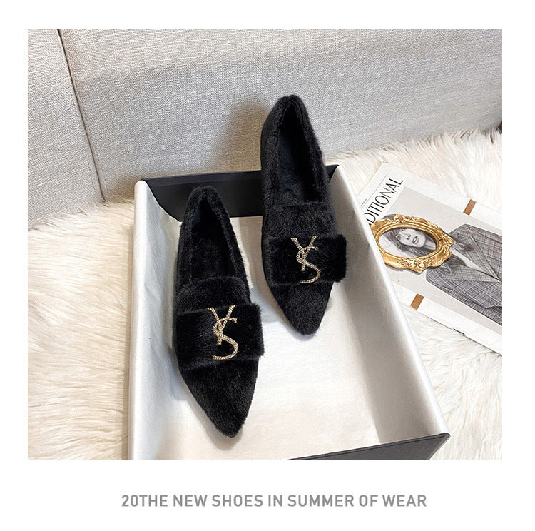 Flats Shoes for Women 2024 New Autumn Pointed Flat Mink Fur Winter Shoes Velvet Women's Loafers Ladies Shoes Plus Size 41 42 43