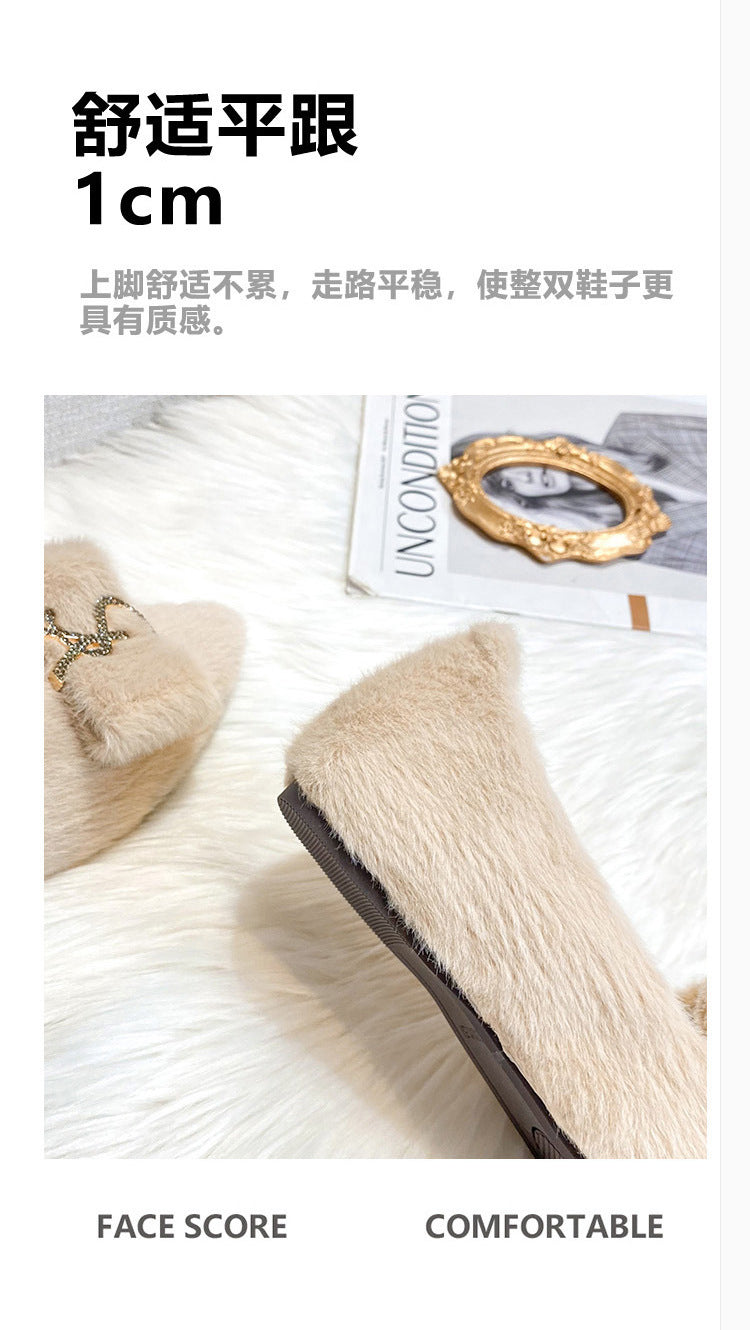 Flats Shoes for Women 2024 New Autumn Pointed Flat Mink Fur Winter Shoes Velvet Women's Loafers Ladies Shoes Plus Size 41 42 43