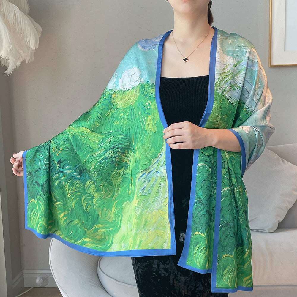 Van Gogh Monet oil painting double-sided double-layer silk scarf women's long 180x70 new silk satin popular fashion scarf shawl New