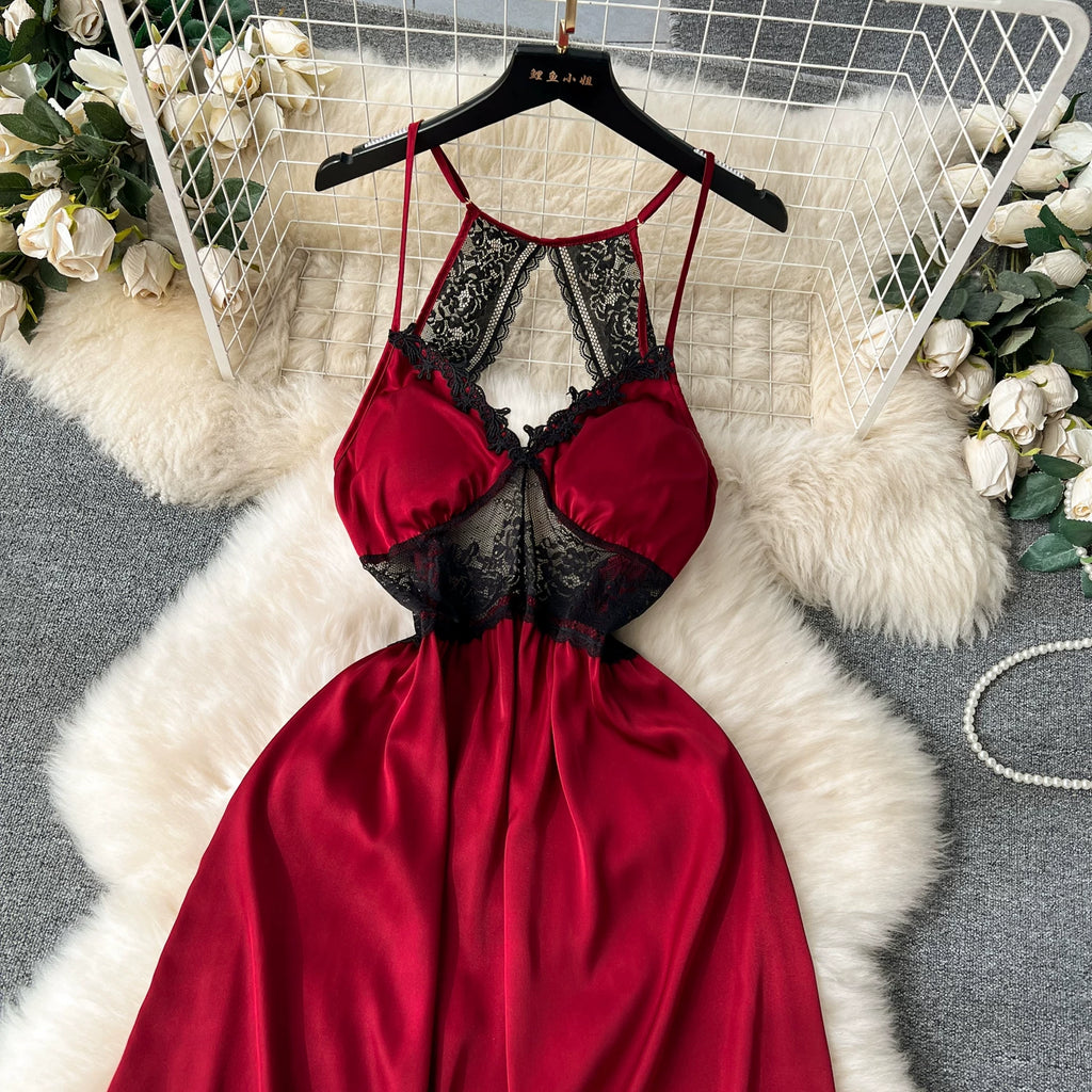 CHILLGIO Women Lace Satin Spaghetti Strap Dress Sexy Hollow Fashion Nightwear Nightgowns Ins Hot A Line Nightie Pajamas Sundress