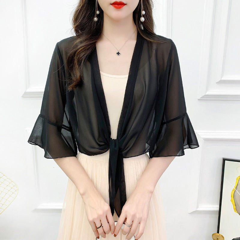 Sunscreen Cardigan Women's Spring and Summer Shawl Outer Blouse Thin Jacket with Sling Skirt Chiffon Small Waistcoat