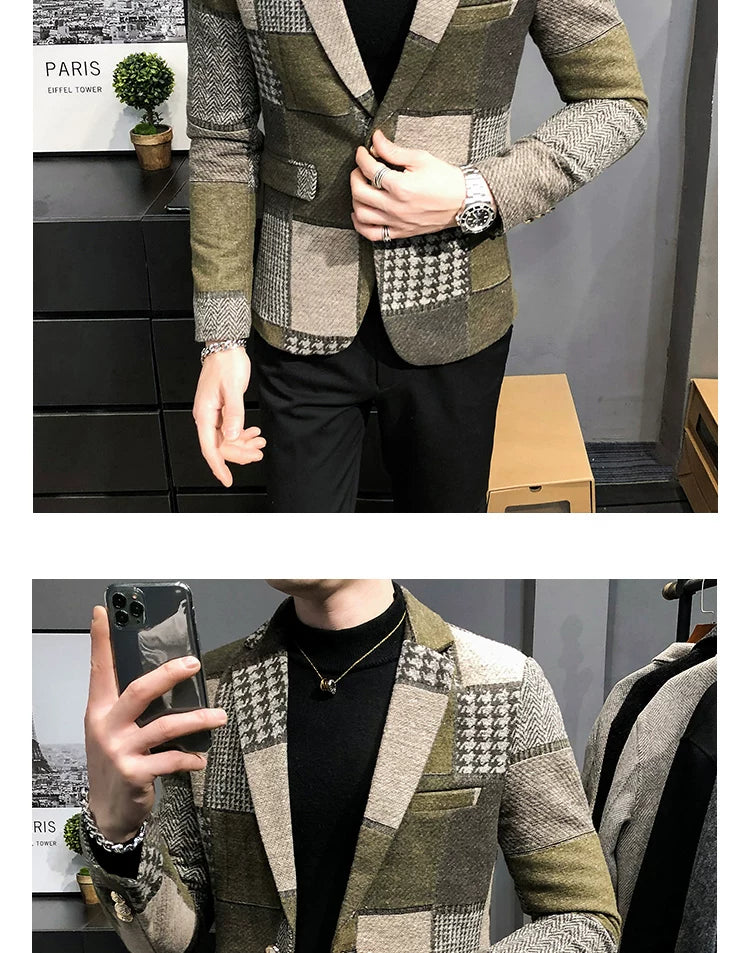 Mens Woolen Jacket 2023 Autumn Winter Fleece Warm Plaid Woolen Coat Streetwear Casual Slim Fit Jacket Coat Fashion Men Clothing