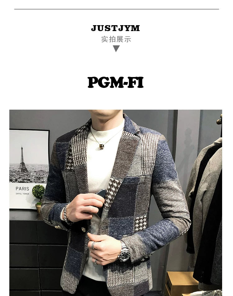 Mens Woolen Jacket 2023 Autumn Winter Fleece Warm Plaid Woolen Coat Streetwear Casual Slim Fit Jacket Coat Fashion Men Clothing