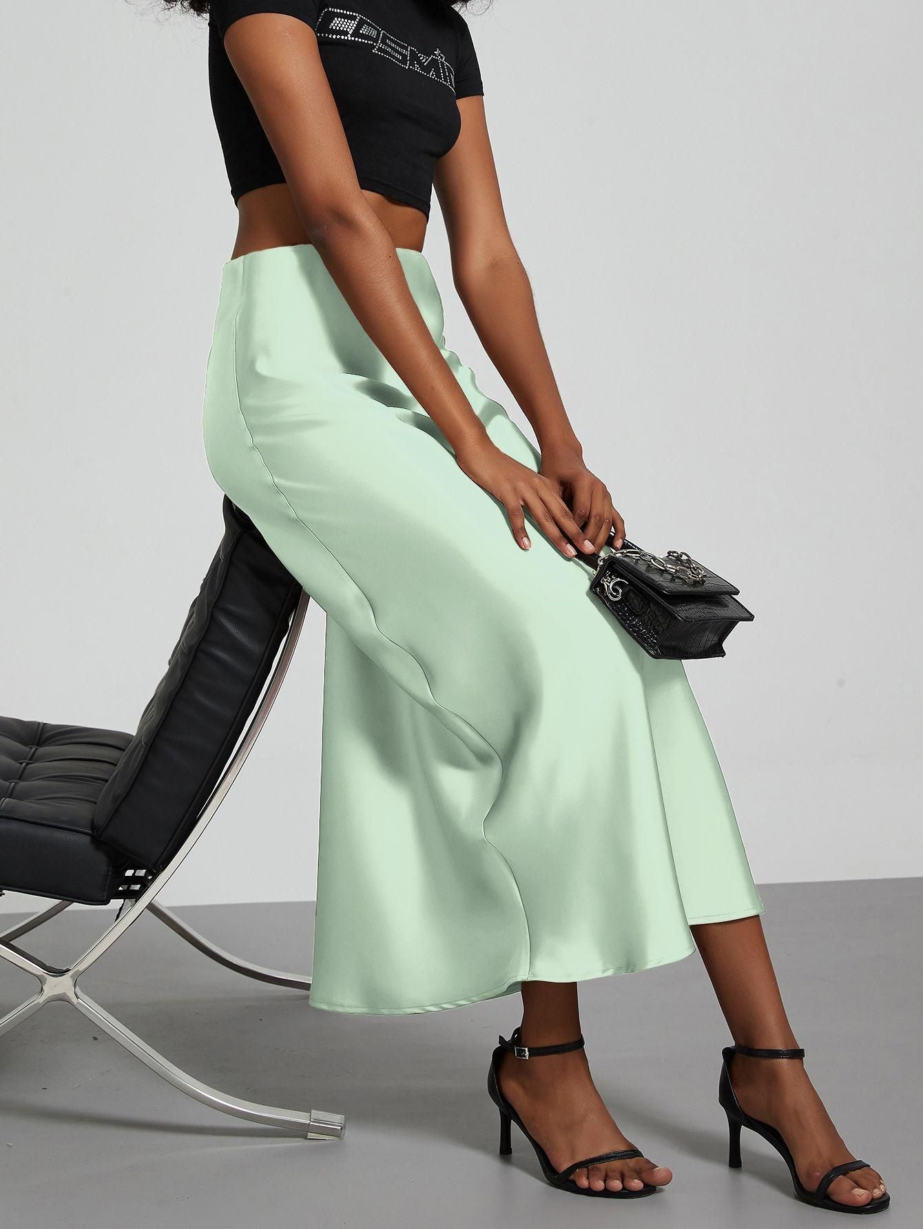 In-Stock Cross-Border Women's Clothing Wholesale European and American Style Elegant Satin Midi Skirt Slimming and Flowy