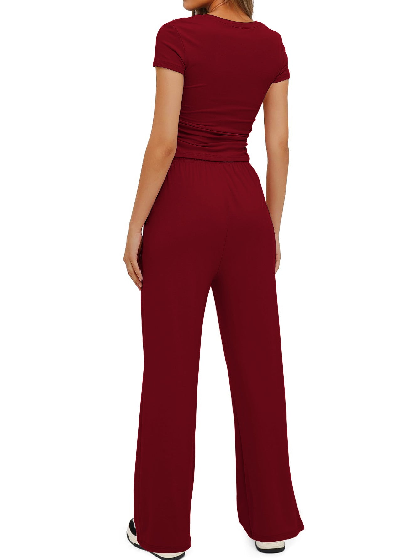 Women's Summer Solid Loose Casual Tracksuit Two Piece Set O Neck Short Sleeve T Shirt Wide Leg Pants Sportswear
