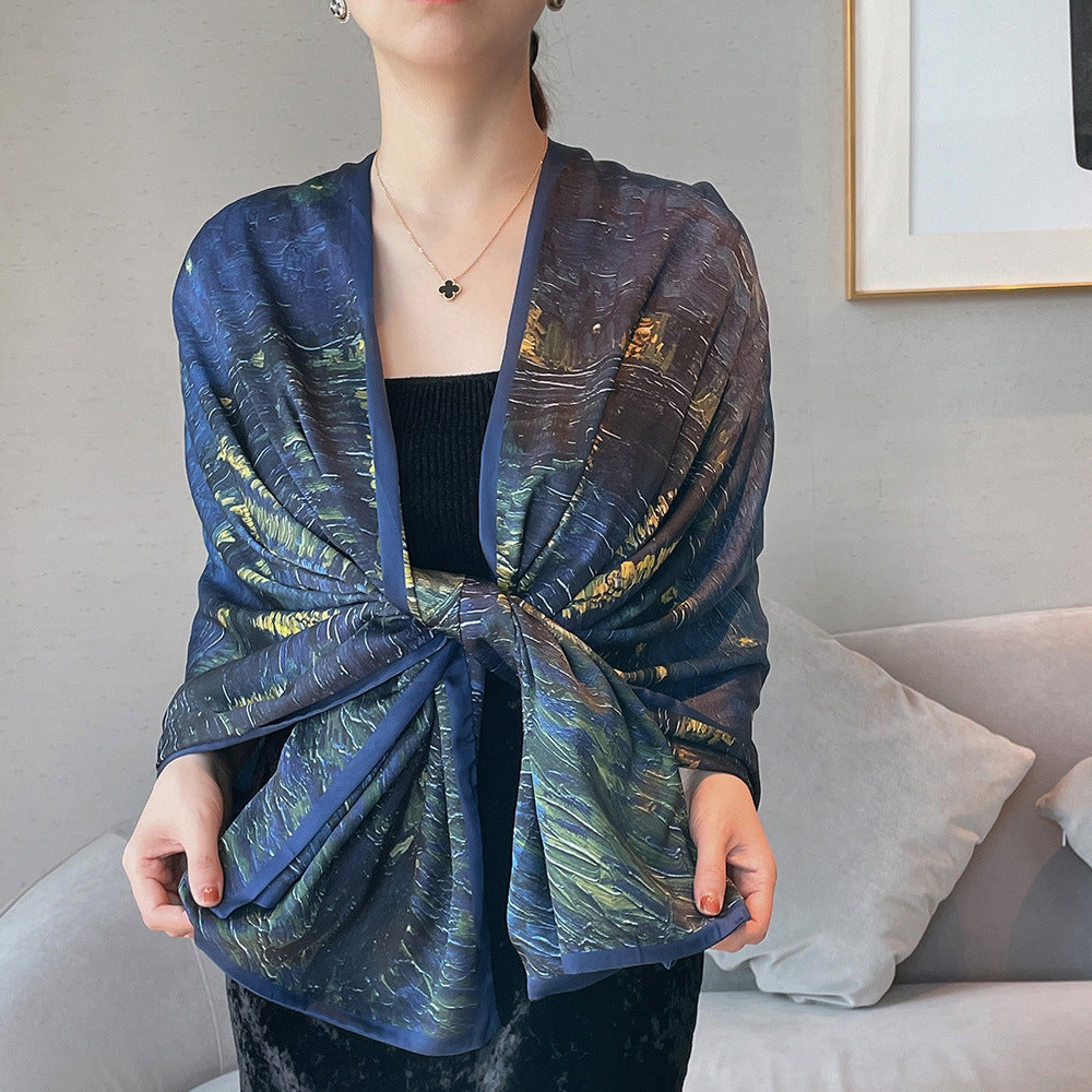 Van Gogh Monet oil painting double-sided double-layer silk scarf women's long 180x70 new silk satin popular fashion scarf shawl New