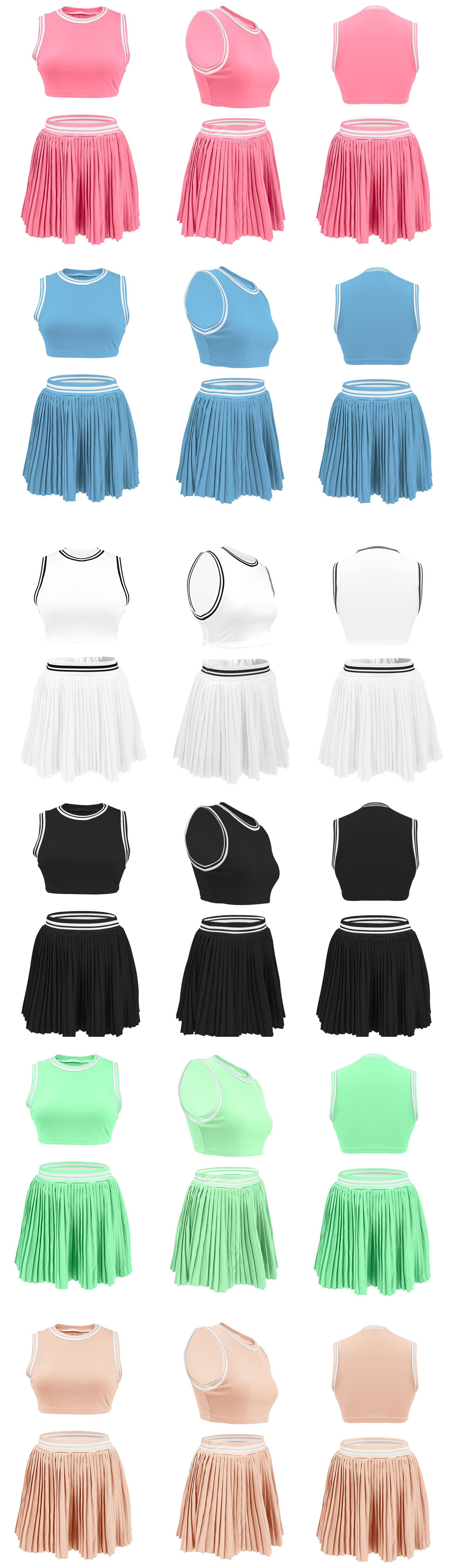 M3089 Women Solid Color Two Piece Set Sleeveless Crop Top & High Waist Pleated Mini Skirt Tennis Style Outfit