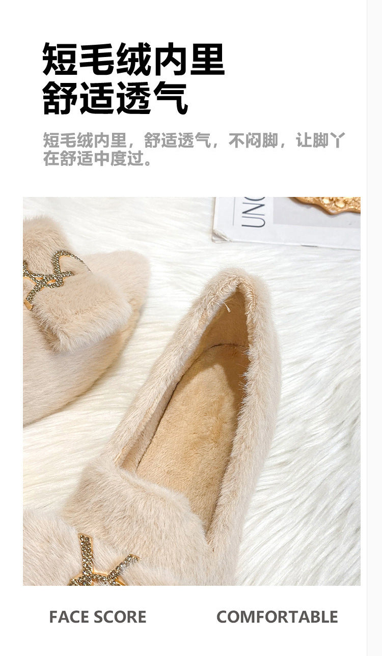 Flats Shoes for Women 2024 New Autumn Pointed Flat Mink Fur Winter Shoes Velvet Women's Loafers Ladies Shoes Plus Size 41 42 43