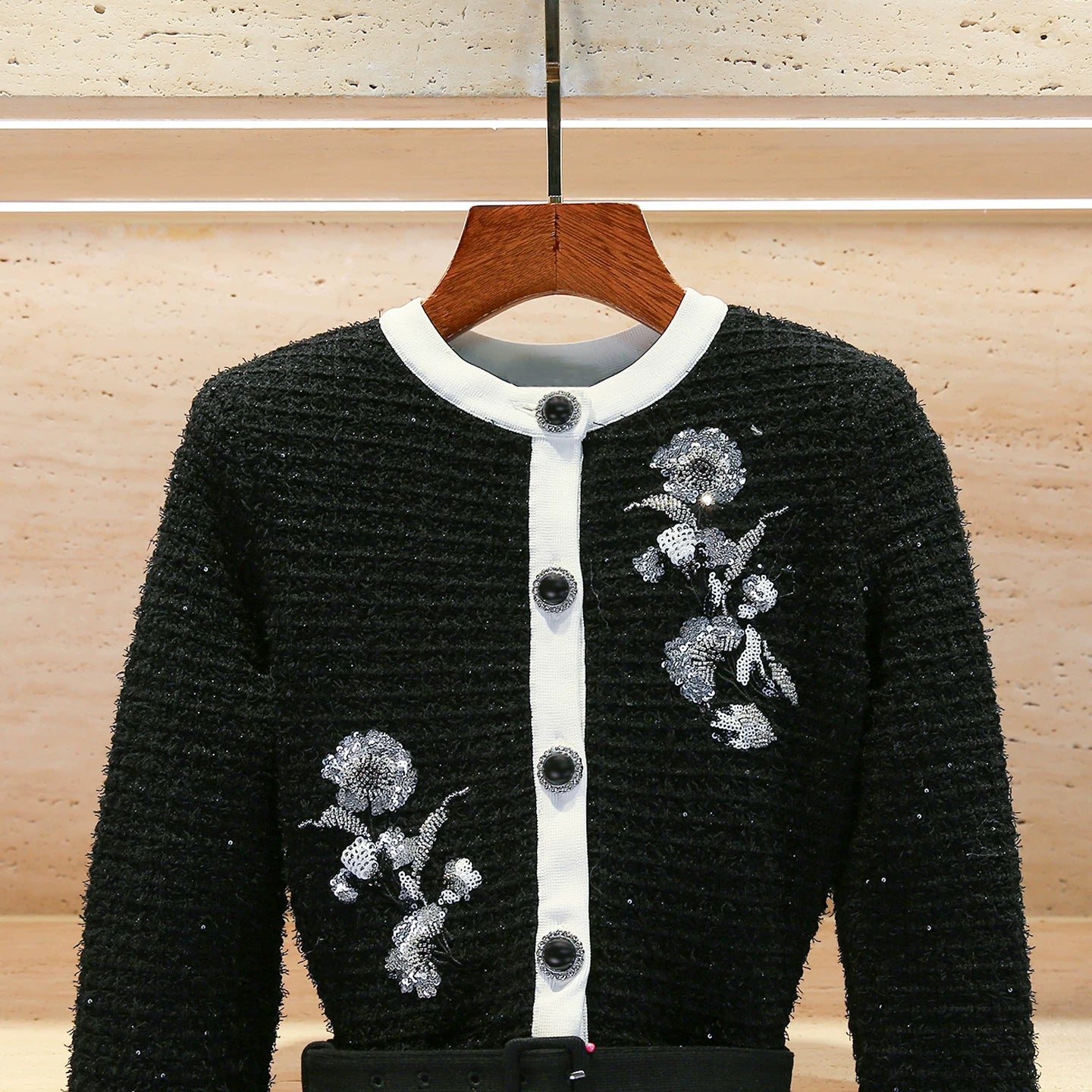 CHUJIE 2025 Autumn/winter New Fake Two-piece Design, Long-sleeved Round-neck, Floral Embroidery, Ruffle Decoration Knitted Dress
