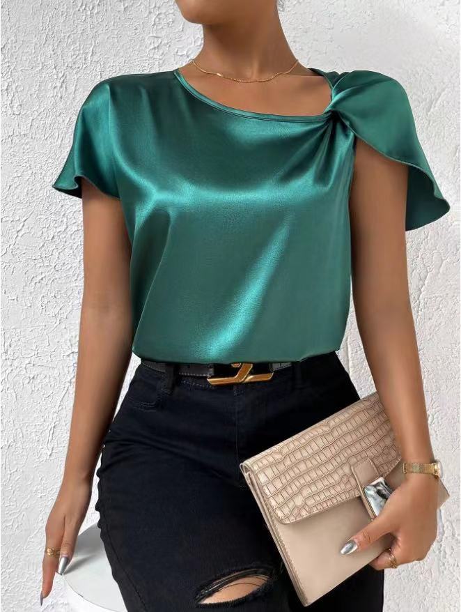 2026 European and American Foreign Trade Cross-Border Supply Summer Satin Short-Sleeve Top with Satin Twist, Solid Color, Loose Fit, Versatile Women's Top