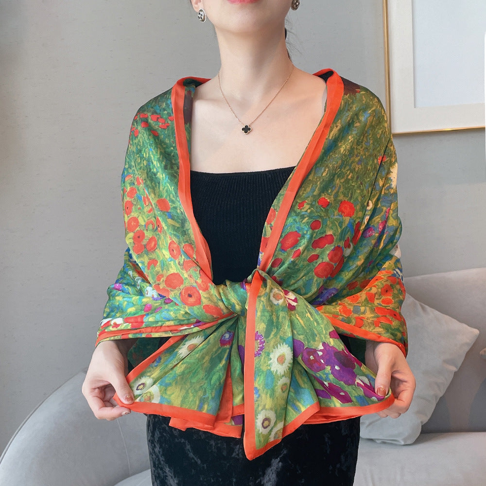 Van Gogh Monet oil painting double-sided double-layer silk scarf women's long 180x70 new silk satin popular fashion scarf shawl New