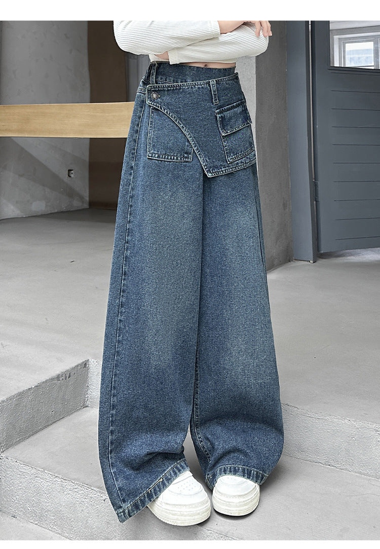 Girls' fart curtain jeans spring autumn new style teens children's straight tube loose wide leg pants retro blue casual pants