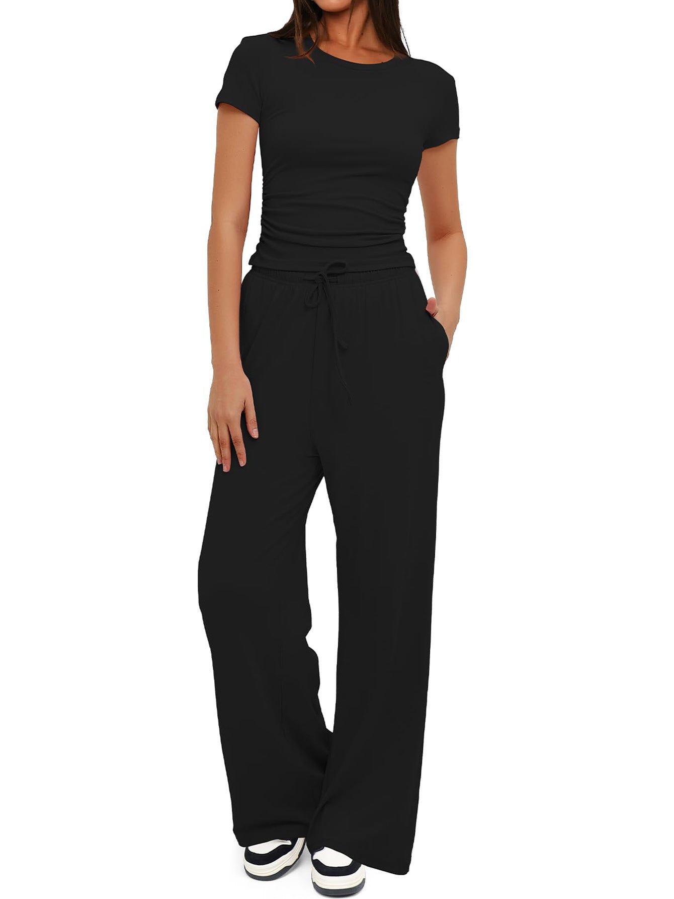 Women's Summer Solid Loose Casual Tracksuit Two Piece Set O Neck Short Sleeve T Shirt Wide Leg Pants Sportswear